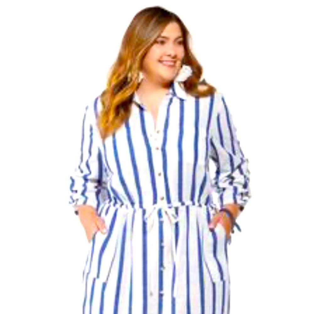 STRIPED LINEN SHIRT DRESS 18/20 PLUS SIZE, CINCHED TIE WAIST BLUE & WHITE STRIPE